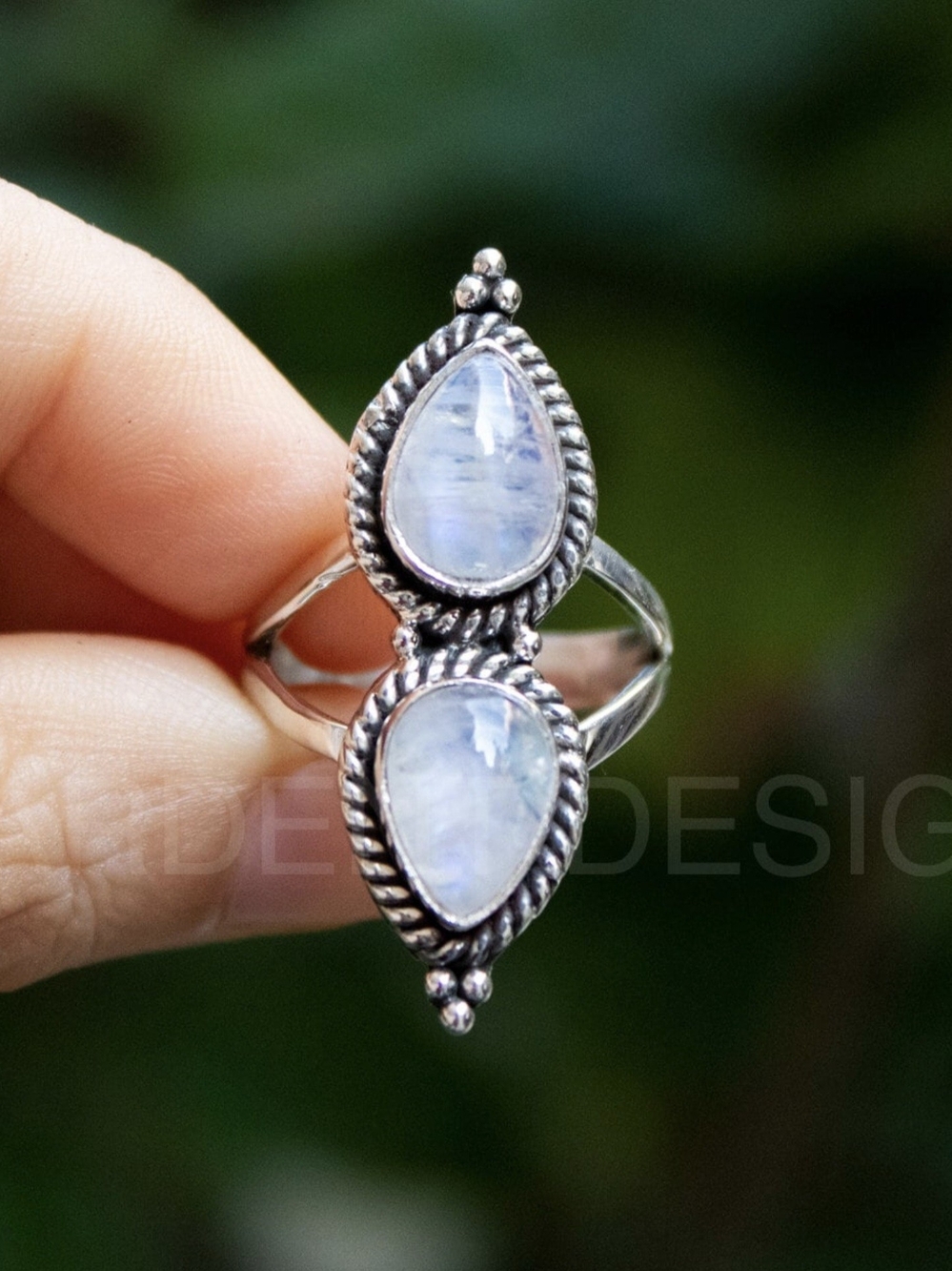 Sterling Silver Moonstone Double Teardrop Ring - White Moonstone